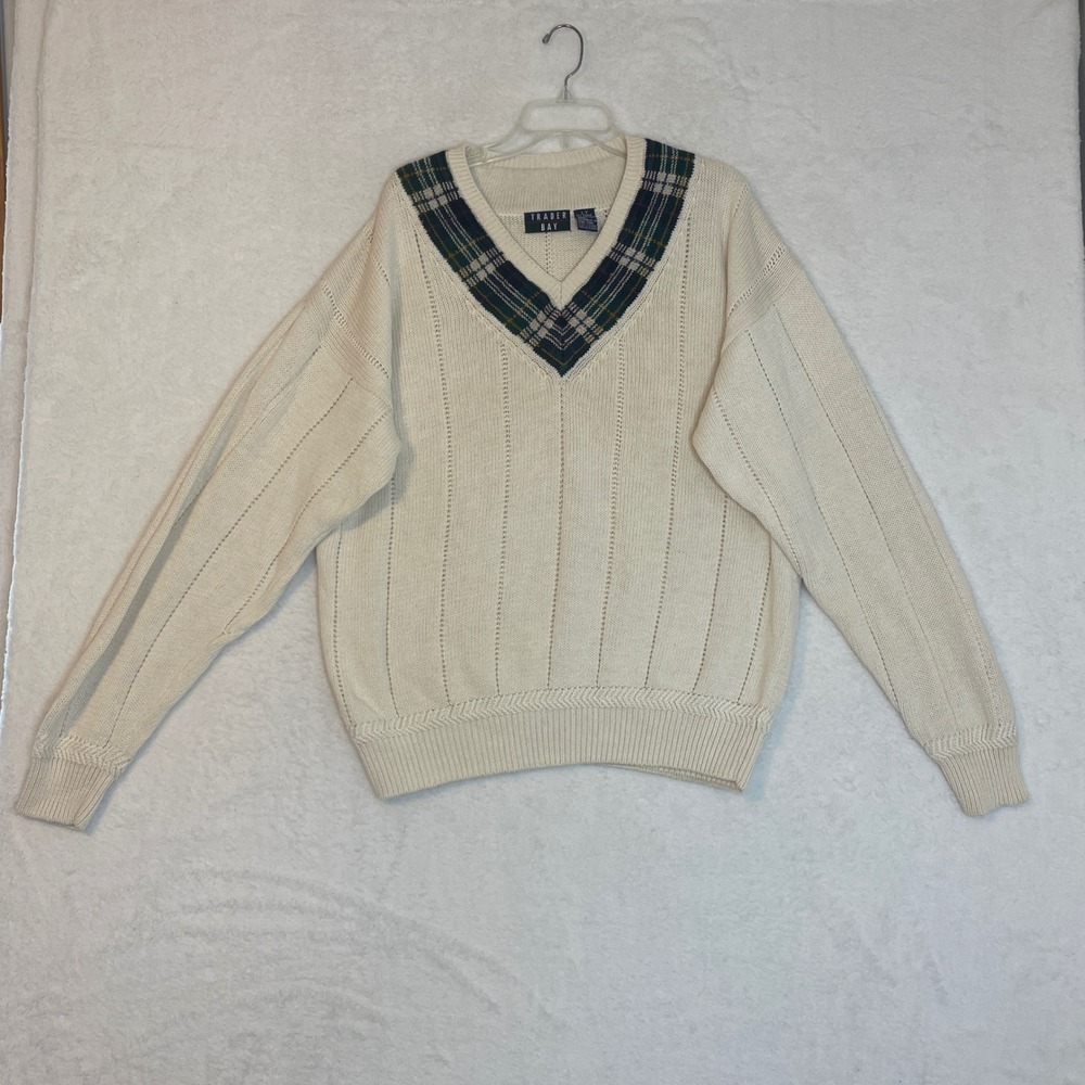 Trader Bay Vintage V-Neck Sweater Mens LT Cream Plaid Collar Ramie Cotton U82